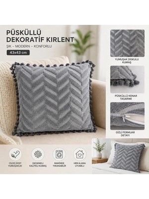 Loselya Modern Püsküllü Dekoratif Kırlent Kılıfı - Yumuşak Dokulu, Gizli Fermuarlı, Makinede Yıkanabilir