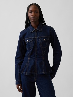 Gap Kadın Koyu Mavi Denim Fermuarlı Peplum Ceket
