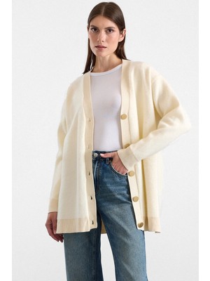 Olcay V Yaka Soft Kumaş Hırka Krem 8295