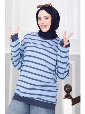 Ebru Tesettür Çizgi Detaylı Sweat Tunik Indigo