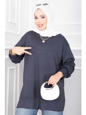 Ebru Tesettür Yırtmaçlı Oyşo Tunik Antrasit