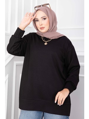 Ebru Tesettür Yırtmaçlı Oyşo Tunik Siyah