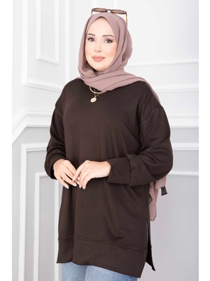 Ebru Tesettür Yırtmaçlı Oyşo Tunik Kahve