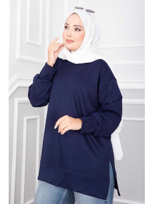 Ebru Tesettür Yırtmaçlı Oyşo Tunik Lacivert