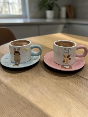 Pixue 2'li Porselen Kahve Fincanı Seti Tabaklı Sevimli Kedi Köpek Figürlü