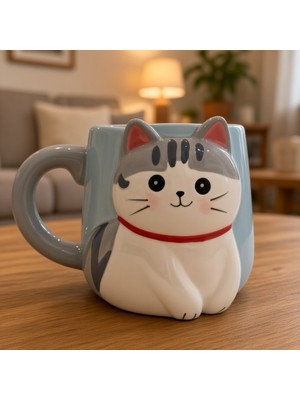 Pixue 3D Kedi Figürlü Seramik Kupa Bardak Kuyruk Kulplu Sevimli Kedi Kupası