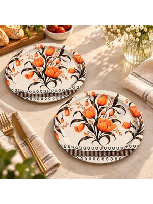 Leylart 2’li 24 cm Lale Desenli Servis Tepsisi Seti Turuncu Çiçekli Dekoratif Sunum Tepsi