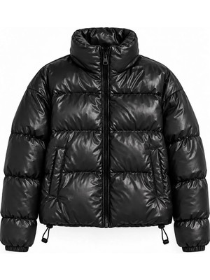 Juuuj Siyah Polyester Deri Görünümlü Hakim Yaka Belden Lastik Detaylı Içi Astarlı Şişme Mont