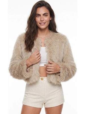 Juuuj Bej Suni Kürklü Polyester Kumaş Uzun Kollu Astarlı Iç Detaylı Kısa Form Mont
