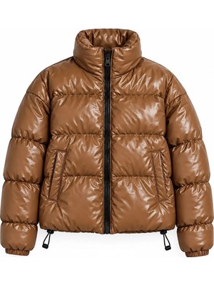 Juuuj Taba Polyester Kumaş Hakim Yaka Içi Astarlı Belden Lastik Detaylı Fermuarlı Şişme Mont