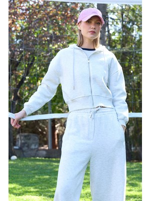 FullaModa 3 İplik Basic Fermuarlı Kapüşonlu Sweatshirt