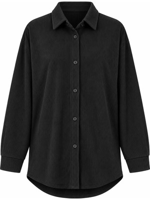 Juuuj Siyah Kaşkorse Kumaş Gömlek Yaka Uzun Kollu Oversize Düşük Omuz Önden Düğmeli Gömlek