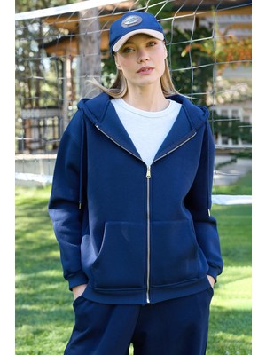 FullaModa Basic Fermuarlı Kapüşonlu Oversize Sweatshirt