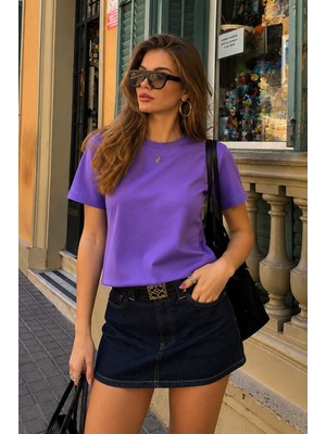 Madmext Mor Bisiklet Yaka Basic Kadın T-Shirt Mg2075