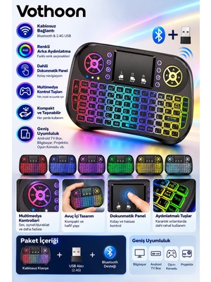 TKÇ Zk-08 Rgb Işıklı Mini Kablosuz Klavye Touchpad Bluetooth ve 2.4g Smart Tv Kumandası Ab