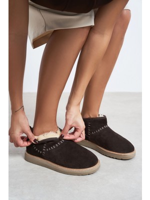 Nişantaşı Shoes Mary Kahve Süet Deri Yarım Bot Içi Kürklü Düz Taban Kadın Ayakkabı