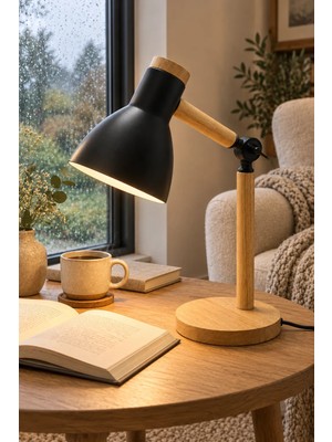 Vivido Home Doğal Ahşap Iskandinav Siyah Masa Lambası