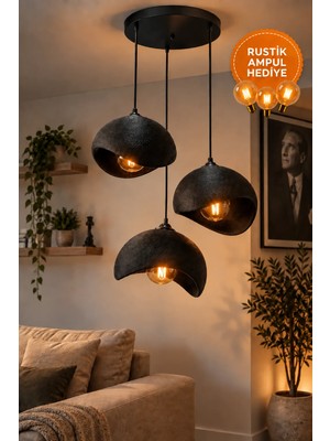 OZNIVA Beton Görünümlü Siyah 3'lü Sarkıt Avize Bohem Modern Salon Yemek Masası 3 Rustik LED Ampul Hediyeli
