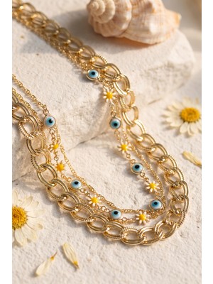 Str Store Gold Renk Samanyolu Zincir Papatya ve Nazarlı Model Kombin Kadın Kolye
