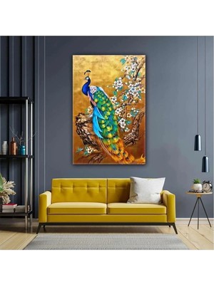 Şehzat Design Yağlı Boya Efektli Tavus Kuşu Gold Kiraz Ağacı Kanvas Tablo AR030224