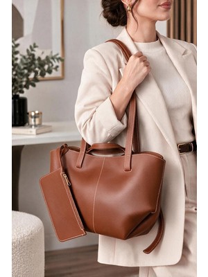 CLASSBAG Kadın Taba Yavrulu (Fermuarsız) Geniş Hacimli Büyük Boy Omuz Çantası