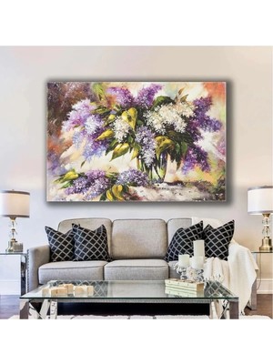 Şehzat Design Lila ve Beyaz Leylak Vazosu Salkım Çiçek Kanvas Tablo AR030247