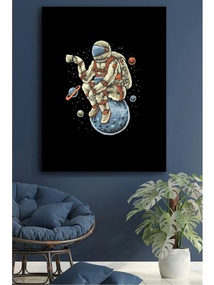 Şehzat Design Kanvas Tablo Dünya Ay Astronot Kahve Illüstrasyon Dekoratif Duvar Tablosu