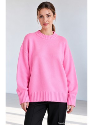 Quhox Kadın Bisiklet Yaka Oversize Triko Kazak - Pembe