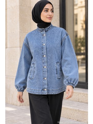 Polo State Kadın Mavi Hakim Yaka Oversize Çift Cepli Tesettür Kot Ceket