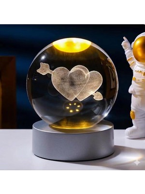 Str Store Cam Hologram LED Işıklı Küre, Sevgiliye ve Doğum Gününe Özel Hediyelik Dekoratif Kristal Küre, Rgb Lamba (Oklu Çift Kalp)