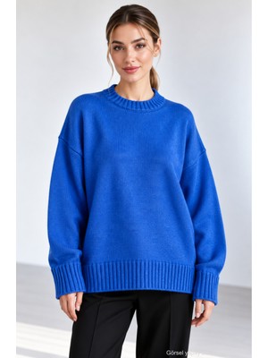 Quhox Kadın Bisiklet Yaka Oversize Triko Kazak - Saks