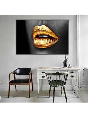 Şehzat Design Dekoratif Golden Lips Kanvas Tablo