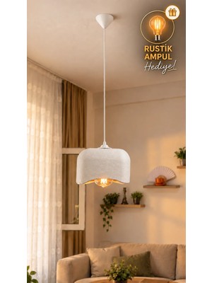OZNIVA Beton Görünümlü Beyaz Tekli Kare Sarkıt Avize Modern Bohem Salon Mutfak G95 Rustik LED Ampul Hediyeli