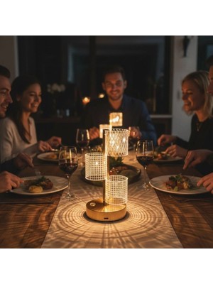 Neva Prime 3 Parça silindirik kristal Ekose Kareli LED Masa Lambası – Gold Gövdeli, Dokunmatik, 3 Kademe