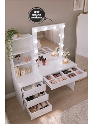 Yurupa Rose Hollywood Işıklı Kare Aynalı Makyaj Masası Takı Askılıklı Raflı 4 Çekmeceli Tuvalet Masası Beyaz ROS10K-W