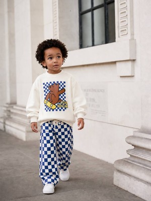 KR Kids Erkek Çocuk Ekru Ayıcık Baskılı Sweatshirt ve Lacivert Ekose Pantolon 2’li Takım