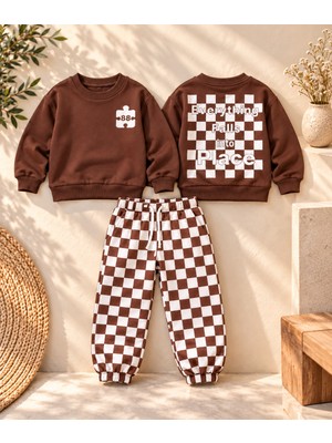 KR Kids Erkek Çocuk Kahverengi Sweatshirt ve Kareli Eşofman Altı 2’li Takım