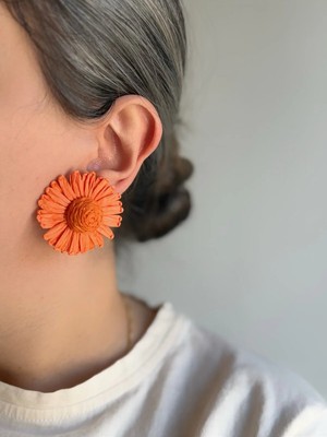 Owentis Summer Vibes Turkuaz Mavi Çiçek Form Veloura Küpe Turuncu Hasır