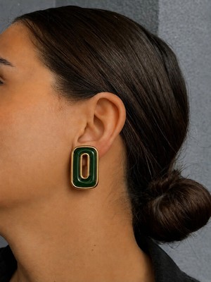 Owentis Gold Vintage Model Yeşil Reçineli Lea Küpe -Kararma Yapmaz- Yeşil