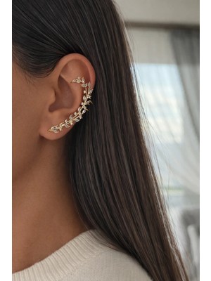 Owentis Gold Taşlı Zarif Sarmaşık Earcuff -Kararma Yapmaz- Altın