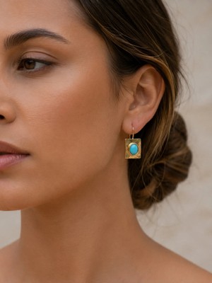 Owentis Gold Etnik Model Turkuaz Taşlı Plaka Sığacık Küpe -Kararma Yapmaz- Altın