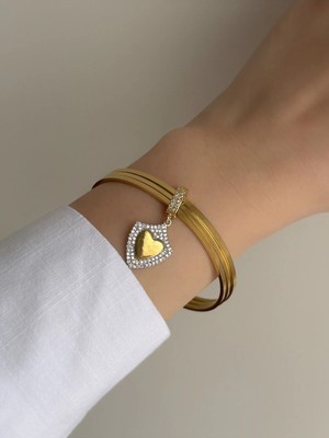 Owentis Çelik Gold 3lü Ajda Bilezik ve Taşlı Kalp Charm 6.2 Ölçü -Kararma Yapmaz- Gold