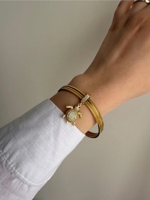 Owentis Çelik Gold 3lü Ajda Bilezik ve Taşlı Kaplumbağa Charm 6.2 Ölçü -Kararma Yapmaz- Gold