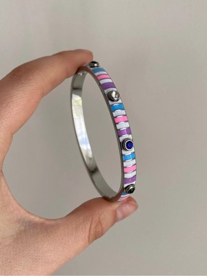 Owentis Çelik Silver Renkli Mineli Taşlı Cemr Kelepçe -Kararma Yapmaz- Gümüş