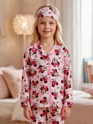 Enie Kız Çocuk Pembe Karakter Desenli 4 Mevsim Pijama Takımı + Göz Bandı