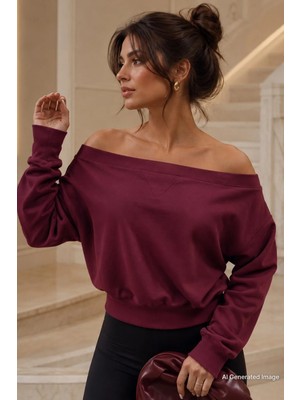 Madmext Bordo Kayık Yaka Kadın Sweatshirt MG2239