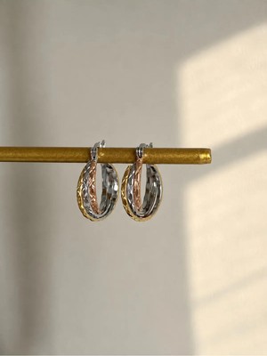 Owentis Çelik Gold 3 Çift Mineli Kalp Halka Küpe Seti -Kararma Yapmaz Çok Renkli Tek Ebat Çelik