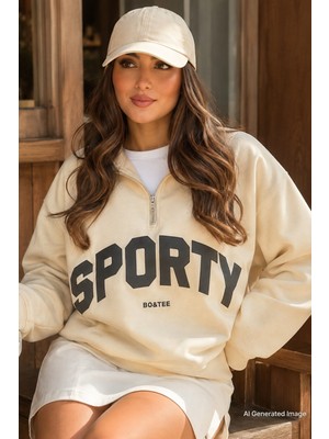 Madmext Bej Yarım Fermuarlı Baskılı Sweatshirt MG2212