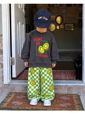 KR Kids Çocuk Antrasit Kiwi Baskılı Sweatshirt ve Yeşil Kareli Pantolon 2’li Takım