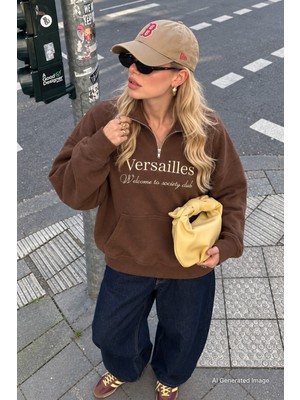 Madmext Kahverengi Yarım Fermuarlı Baskılı Sweatshirt MG2240